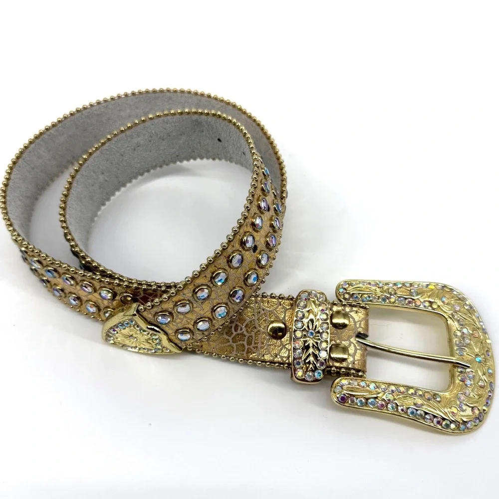 Gold Metallic Rhinestone Western Belt Small Crystal Embossed Croc Cowgirl Bling